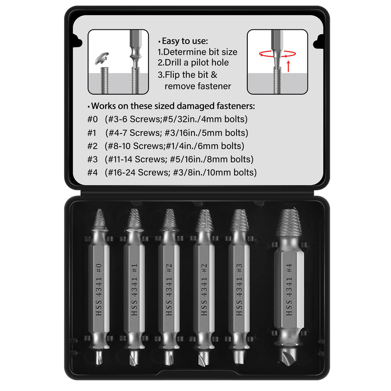 MAZING Damaged Screw Extractor Set, 6PCS Stripped Bolts Extractor Kit, Easy Removal of Rusty & Broken Drill Bits, Drill Bit Bolt Remover and Extractor, Broken Stripped Screw Extractor, Gifts for Men