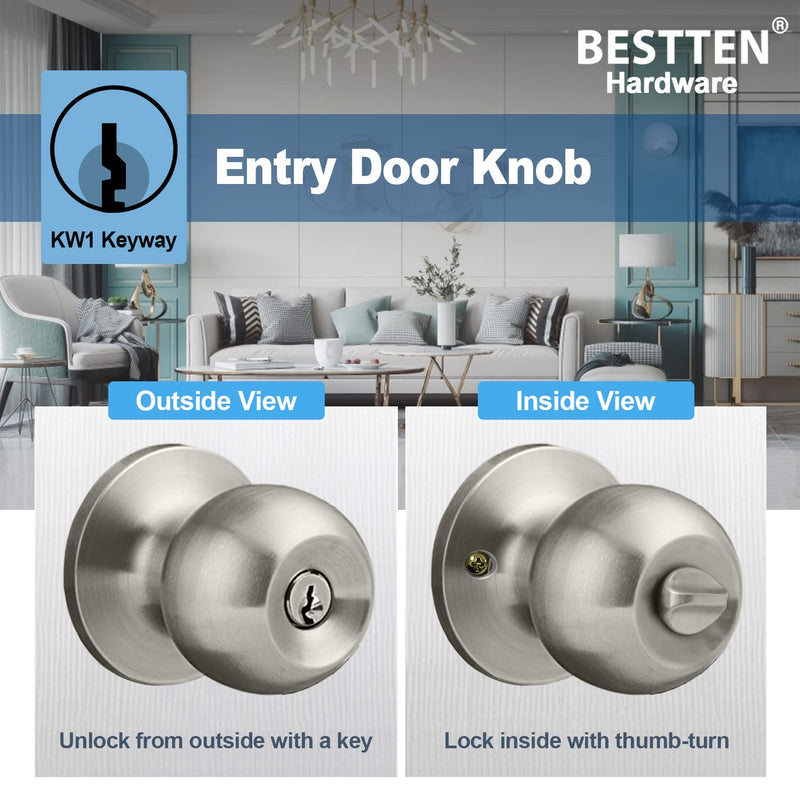 BESTTEN Keyed Entry Door Knob with Lock, Interior and Exterior Door Lock, Standard Ball, Satin Nickel 1