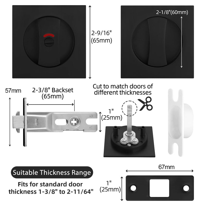 Matte Black Pocket Door Lock with Indicators, Pocket Door Handle with Lock Square Door Lock for Privacy Sliding Door Bifold Bathroom Door Locks and Pulls Hardware Privacy (Indicator) Matte Black