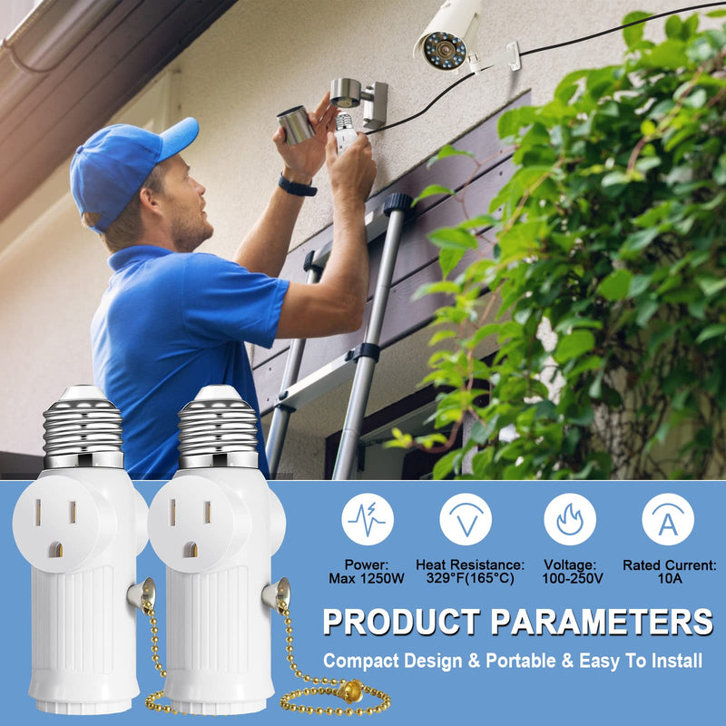 Light Socket to Plug Adapter, (2 Pack) Both Sides 3 Prong Light Bulb Outlet Socket Adapter, Heat-Resistant Materials Light Socket Adapter, Light Bulb Plug Adapter for Expansion Socket - White 2