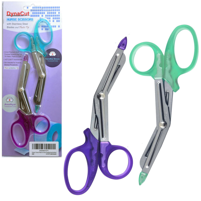 DynaCut Small Nurse Scissors 6"" (2 PACK) for Nurses, Doctors, Paramedics, EMT, and Pharmacists with Protective tip, Mini First Aid Medical Mini Bandage Trauma Shears(ParadiseGreen/Amethyst) Amethyst & Paradisegreen