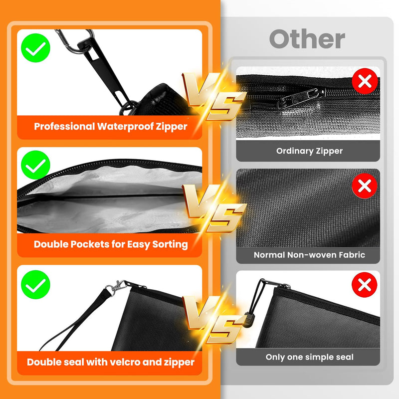 Quctak 6400°F Fireproof Money Bag 2pcs, Fireproof Document Bags, Bank Cash Bag with Zipper & Strap, Suitable for A5 Documents, Bank Inventory, Passport (Black)