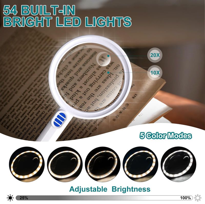 Large Magnifying Glass with Light 5.12" Rechargeable Magnifier with 5 Color Modes & 20 Level Brightness, 10X 20X 45X Handheld Magnifying Glass for Seniors Reading Coin Inspection