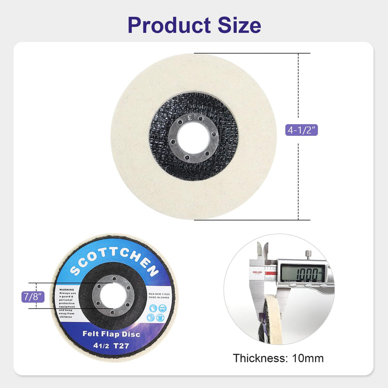 SCOTTCHEN Wool Felt Polishing Wheel Disc,4-1/2" x 7/8" Arbor Wool Polishing Wheel Disc for Angle Grinder for Metal Aluminum,Stainless Steel, Chrome, Wood, Plastic, Ceramic, Glass-10 Pack 10 Pack--flat