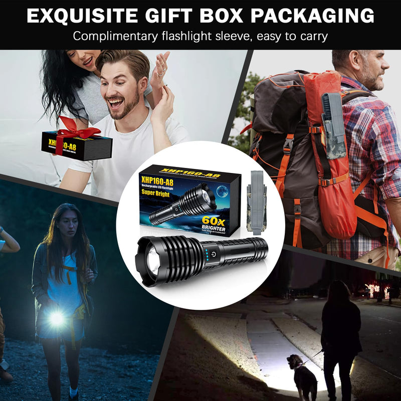Rechargeable Flashlights 5000.000 High Lumens,Super Bright LED Flashlight for Home Emergency, Waterproof Handheld Flashlights with Pouch, 5000mAh Battery, Spotlight and Floodlight Function