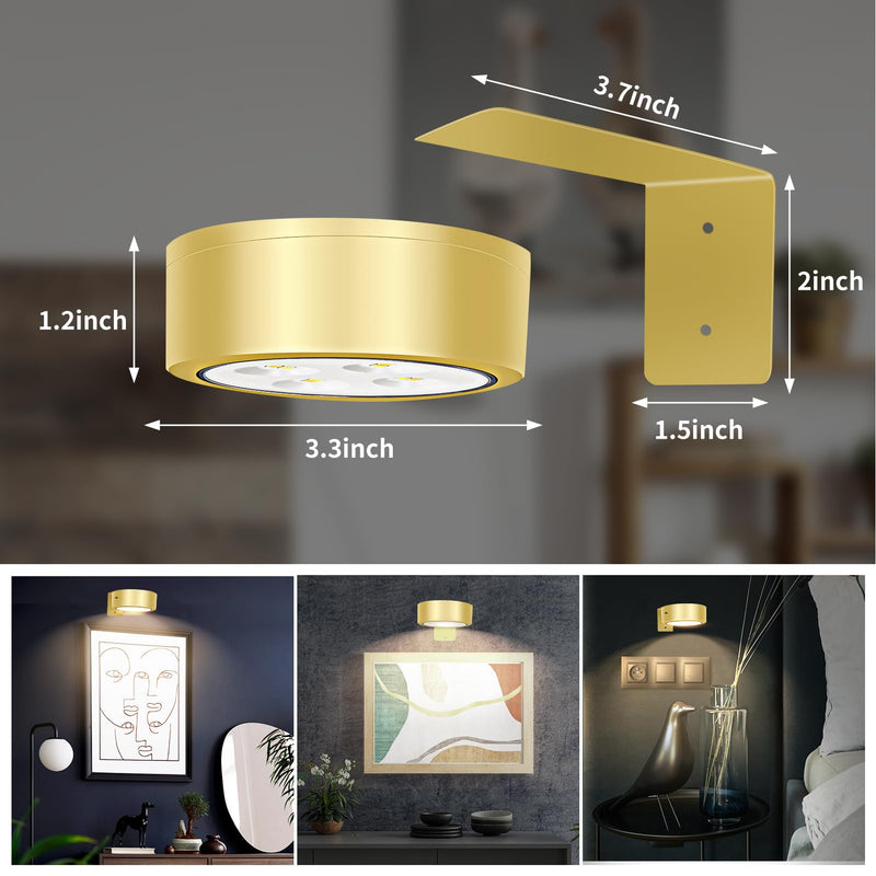 TTQ 4PCS Magnetic Picture Lights Batteries Operated Painting Light with Telecontrol and Dimmable Timer,Gold Art Display Light Wireless Walls Decor Puck Lights for Picture Frame Artworking Portraits Gold