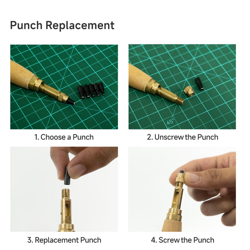 KEARING Wooden Screw Punch - 6 Sizes Adjustable Leather & Paper Hole Punch | Automatic press-down hole punch for bookbinding and leathercraft. Includes 6 interchangeable bits from 1.5mm to 4.0mm.