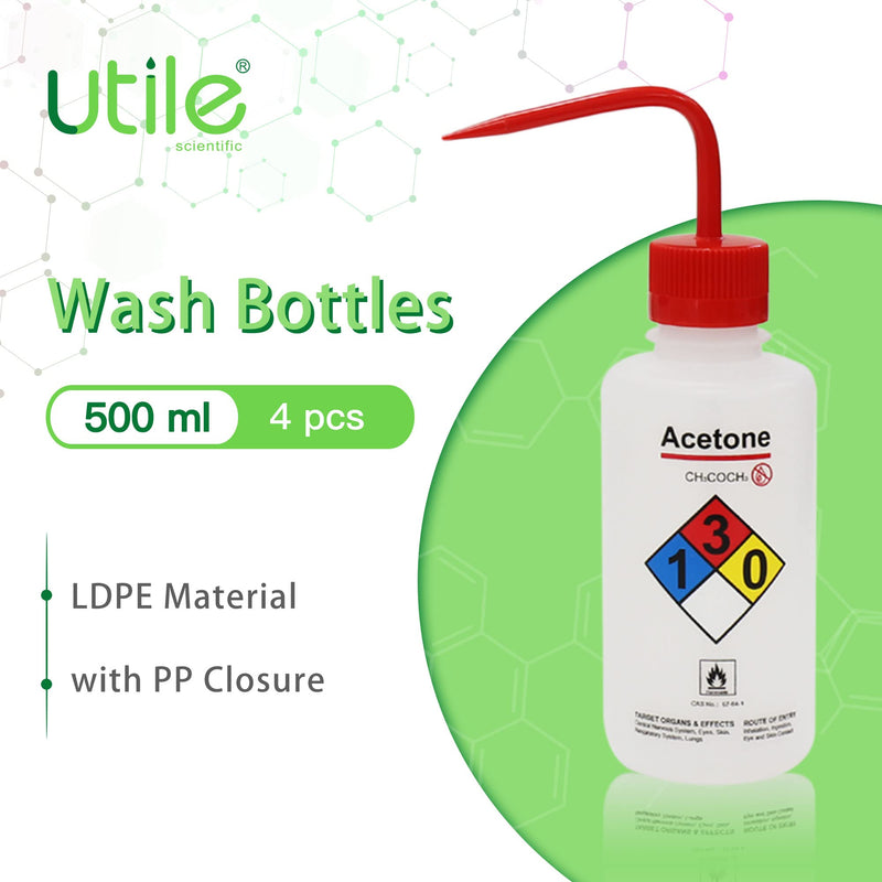 Utile 4pcs of Vol. 17oz (500ml) Acetone Wash Bottles, Narrow Mouth, Self-Venting Safety Squeeze Bottle, LDPE Material with PP Material Closure, 5511.0171.4 4pcs of Acetone Wash Bottles