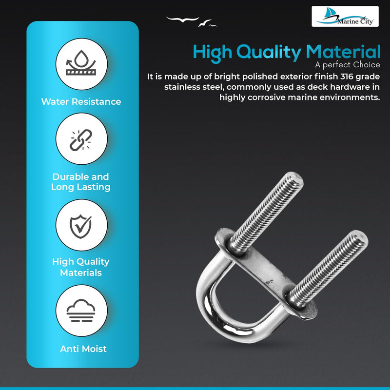 MARINE CITY 316 Stainless Steel U-Bolt with Plate, Nuts & Washer – 4.85" L x 2.25" W, 46mm Center, 8mm Dia, Heavy Duty Corrosion Resistant Deck Hardware for Boat, Marine, Yacht, RV (1 Pack)