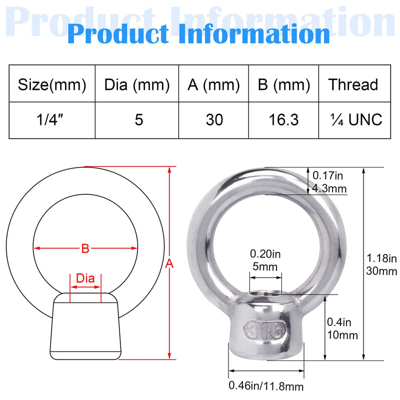 PAGOW 6 Pieces Stainless Steel 316 Lifting Eye Nut, 1/4" UNC Heavy Duty Marine Grade, Hardware Ring Shaped Eye Bolt