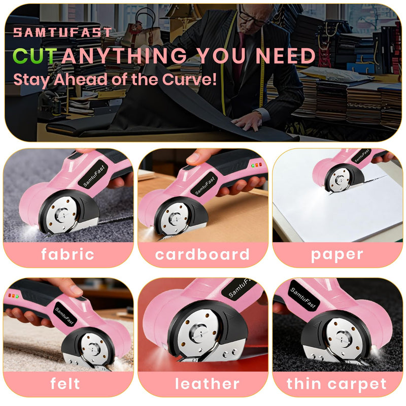 Cordless Electric Scissors, 4V Rechargeable Box Cutter Electric with Storage Box, 2 Blades, USB Charging Cable, Cardboard Cutter Electric for Cardboard Plastic Fabric Leather Carpet (Pink)