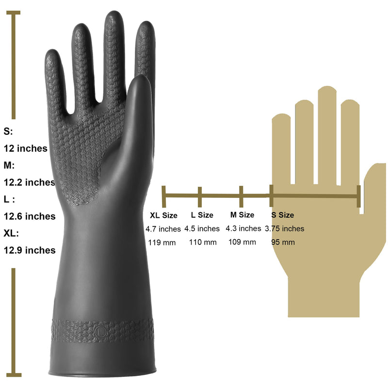 Chemical Resistant Latex Gloves,Cleaning Protective Safety Work Heavy Duty Rubber Gloves, S-M-L-XL Size, Black 1 Pair L/12.6''