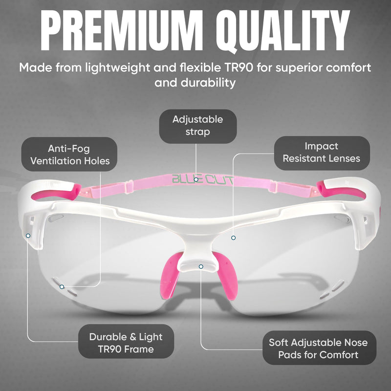 BLUE CUT Sports Safety Goggles Interchangeable Sun Lens Anti Fog UV Protection Indoor Outdoor Pickleball Cycling Basketball White/Pink