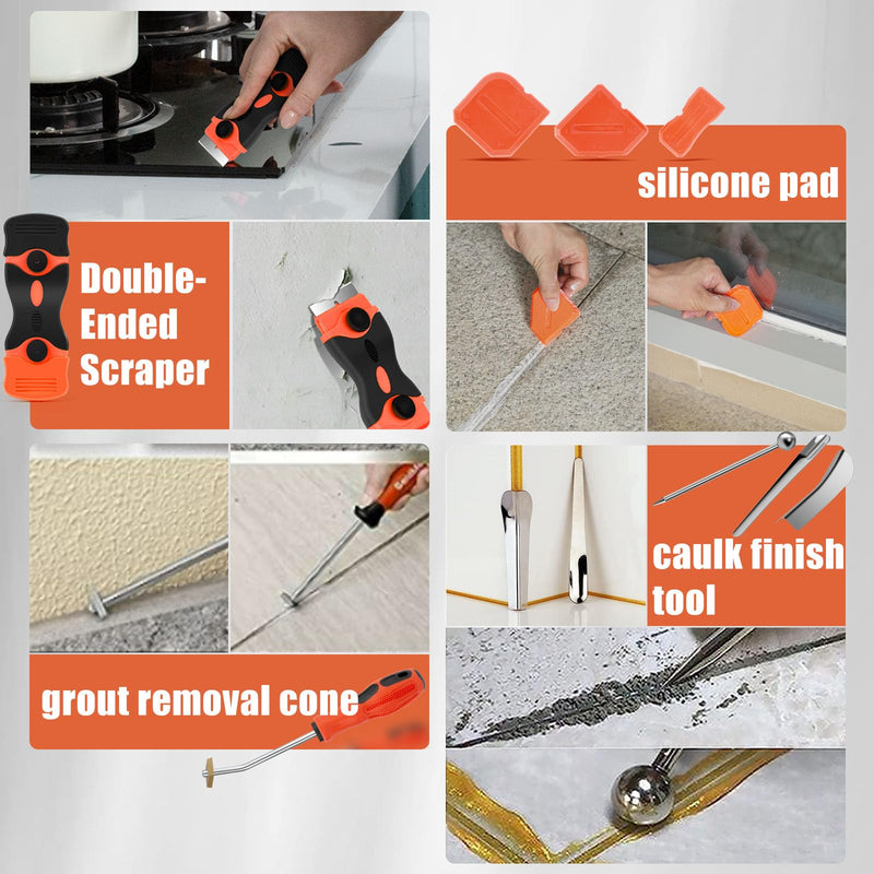 Caulking Tool Kit, Stainless Steel Caulk Remover Caulking Tool Set with Cut Resistant Gloves, Scraper, Silicone Caulking Tools, 4 in 1 Caulking Finishing Tool for Bathroom Kitchen Living Room Silver kit