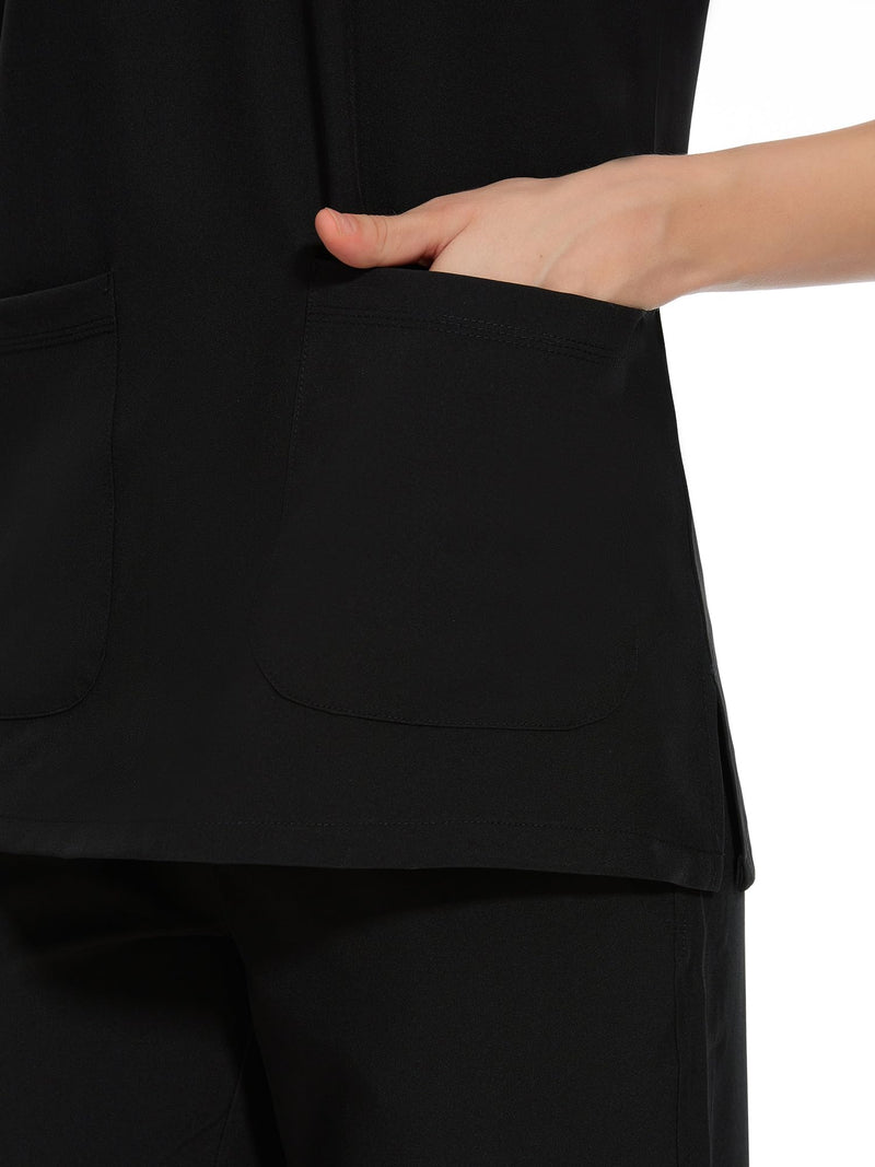 COZYFIT Medical Scrub Tops for Women - Soft Stretch,Curved V-Neck Scrub Tops with 3 Pockets Black X-Large