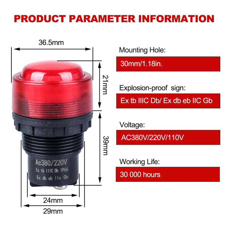 2Pcs 30mm Anti-Vandal and Anti-Corrosion Power Signal Indicator Light 110V 220V 380V AC 1.18" mounting Hole Size (Red) Red 110-380V