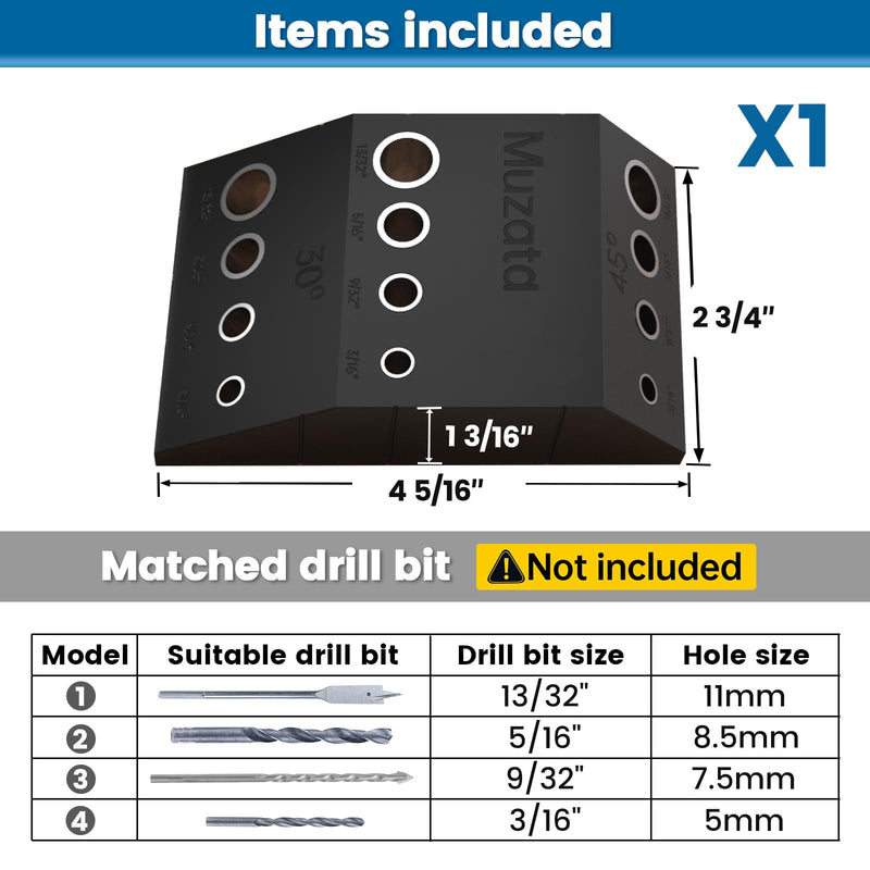 Muzata Upgraded Multi Angle Cable Railing Drill Guide Jig Fit 30 45 90 Degree Portable Drilling Template 4 Sizes for Horizontal and Angle Hole for Wood Post Lag Screw Cable Railing Kit Tool CT24