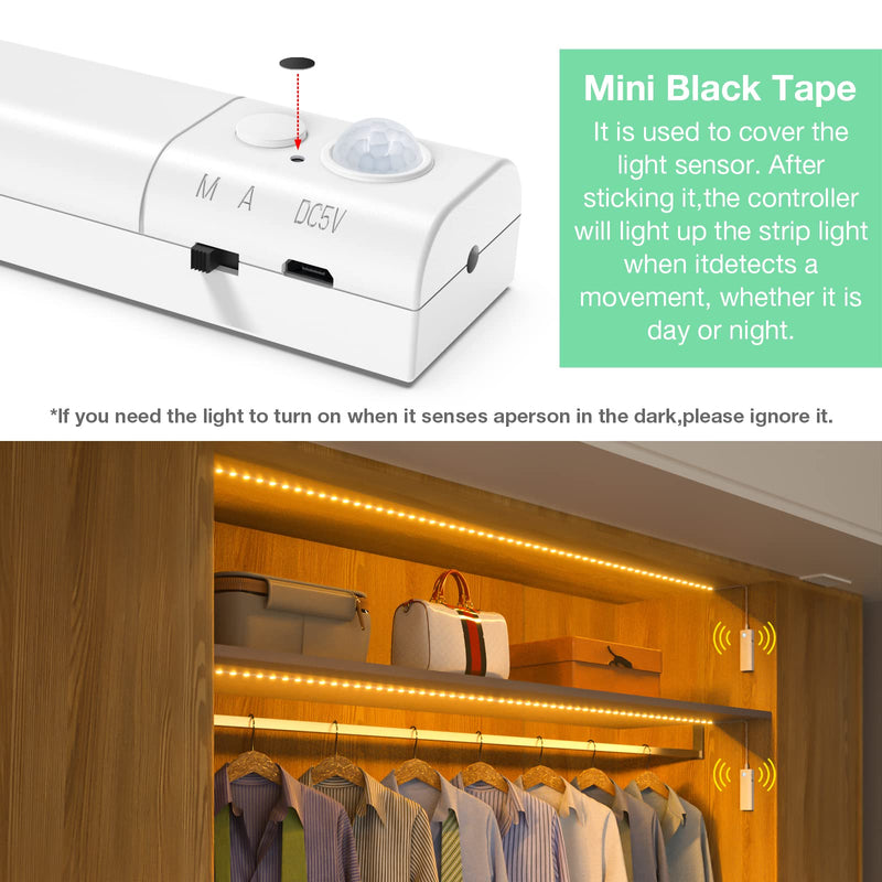 WOBANE Dual Motion Sensor Under Bed Lights,Rechargeable 16.4ft LED Light Strip,Battery Powered Tape Light for Shelves,Cabinet,Anywhere,PIR Detector,Cuttable,Flexible,2700K Warm White White&Warm White(2700K)