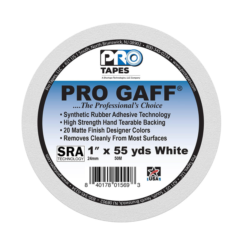 1" Width ProTapes Pro Gaff Premium Matte Cloth Gaffer's Tape With Rubber Adhesive, 11 mils Thick, 55 yds Length, White (Pack of 1)