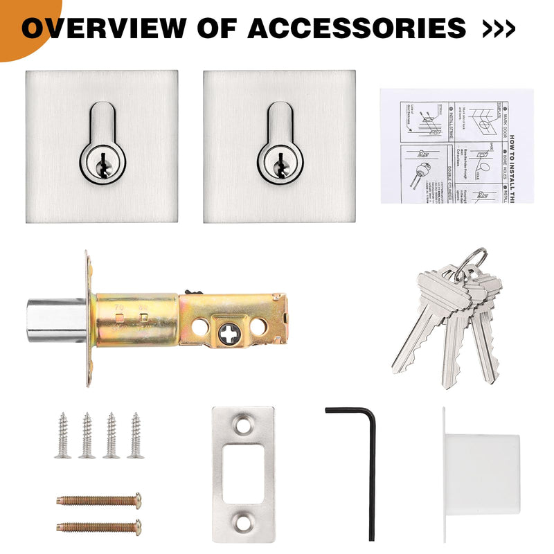 Probrico Satin Nickel Double Cylinder Deadbolt,Keyed Both Side,Residential Security Square Door Lock for Interior and Exterior,3Pack 3