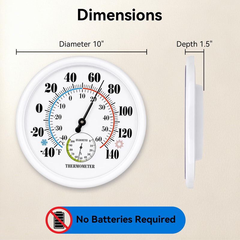 Outdoor Thermometer Waterproof, 10 Inch Large Wall Mount, Easy to Read Outdside Thermometer Hygrometer, Analog Temperature Humidity Gauge for Indoor, Patio, Garden, Garage, White