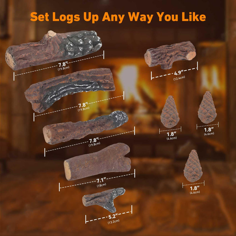 Stanbroil 10 Piece Set of Small Ceramic Logs for Gas Fireplace Fire Pits