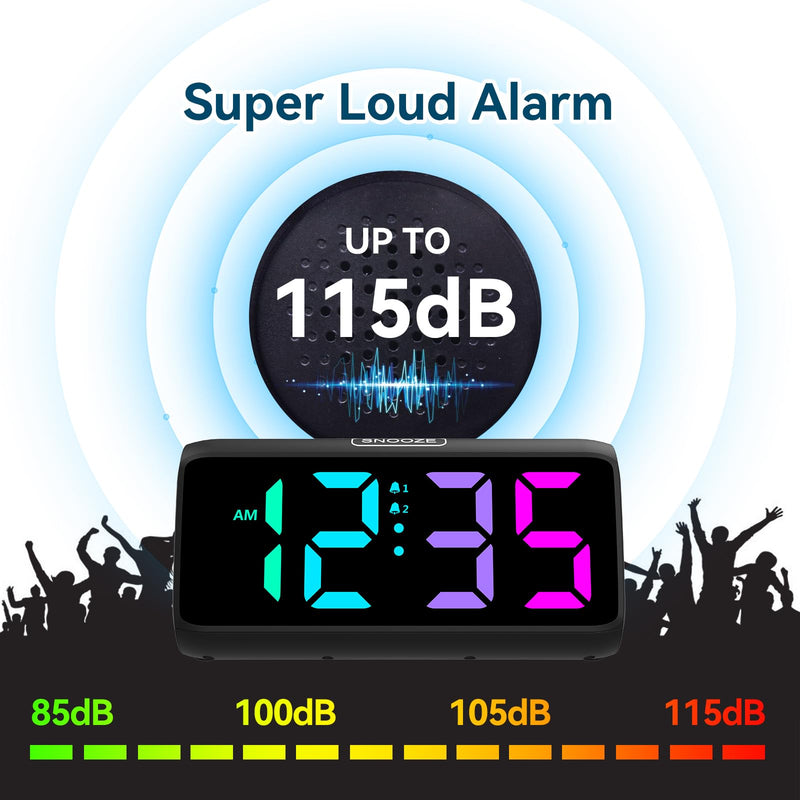 Netzu Loud Alarm Clock for Heavy Sleepers, Plug-in RGB Vibrating Alarm Clocks with Bed Shaker, 5 Dimmers, 2 Alarms and Snooze for Bedrooms Hearing Impaired Deaf Adults (Black) Black