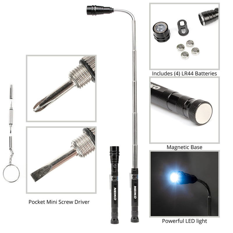NEIKO 20736A (6) Piece Set, Magnetic Tool & Telescoping Mirror Set, Adjustable Telescoping Magnetic Pickup Tool, Flashlight 15lb Retriever Tool, 360 Swivel, Magnet Mirror, Magnetic Tools for Mechanic Pick Up Tool 6 Piece Set