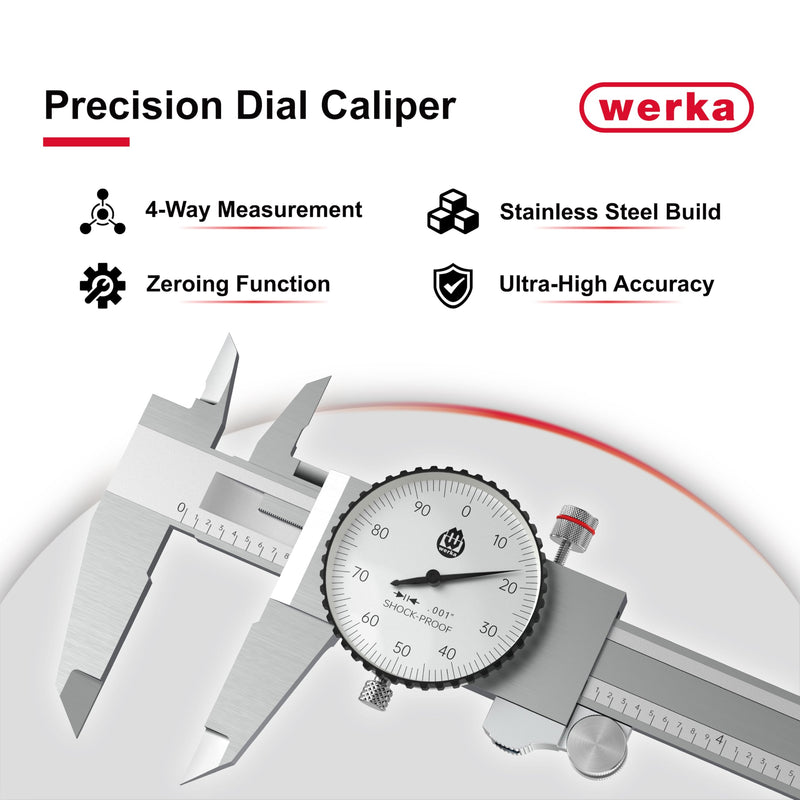 werka Dial Caliper 6 Inch, Shockproof Dial Caliper Measuring Tool with 0.001" Precision Micrometer Caliper with Custom Case, 4-Way Measurement, Stainless Steel 0-6x0.001"
