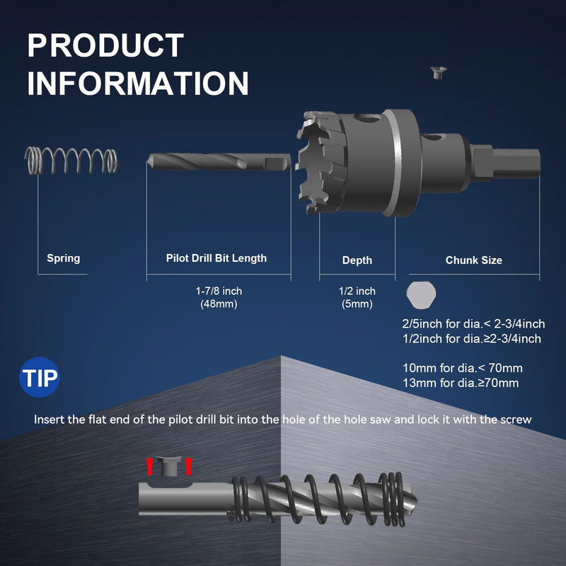 (7/8''|22mm) Heavy Duty Carbide Hole Saw with 2 Pilot Drill Bits, Hole Cutter cuts Stainless Steel, mild Steel, Iron, Copper, Brass, Plastic 22mm | 7/8" 1