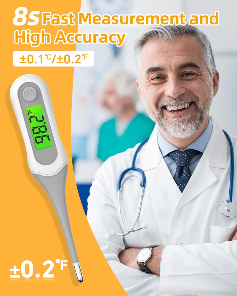 8 Seconds Digital Oral Thermometer for Adults and Kids, Accurate & Safe Baby Thermometer with Fever Alarm, 3 Backlits Display, Flexible Tip, Medical Basal Thermometer for Rectal, Underarm Grey