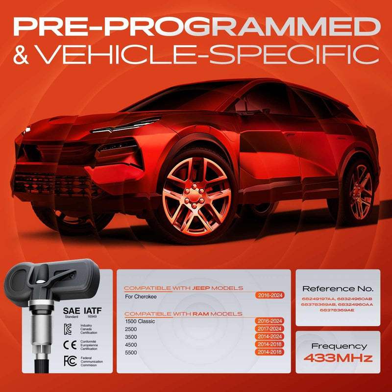 A-Premium 4PCS Pre-Programmed TPMS Sensor Tire Pressure Monitoring Sensor - Compatible with Ram & Jeep - 1500 Classic 2016-2024, 2500 2017-2024, 3500 2014-2024, 4500 5500 2014-2018, Cherokee - 433MHz