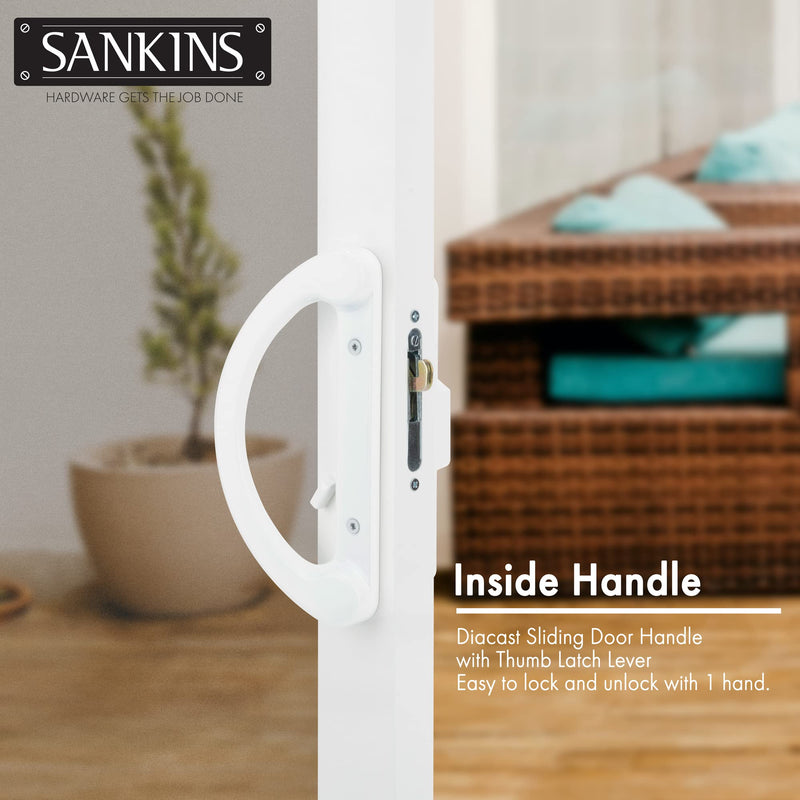 Sliding Patio Door Handle Pull Set with Mortise Lock, Full Replacement White Diecast Non-Keyed Gate Handle Set for Sliding Glass Door, Fits 3-15/16” Hole Spacing Handle Set+Mortise Lock