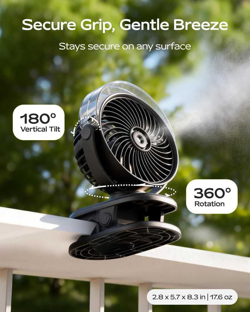 SWEETFULL Portable Misting Clip On Fan, USB-C Rechargeable Mini Personal Cooling Fan with 4 Speeds, 360° Rotatable, Quiet Cooling for Outdoor, Camping, Golf Cart, Travel, Stroller & Desk (Black) Black