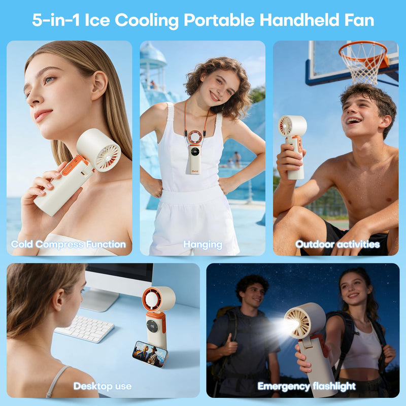 6000mAh Portable Handheld Fan with Ice Cooling, 199 Levels Stepless Speed, 20H Long Battery Life, 20000RPM Turbo Fan Rechargeable Personal Mini Fan for Travel, Outdoor, Makeup (White) White