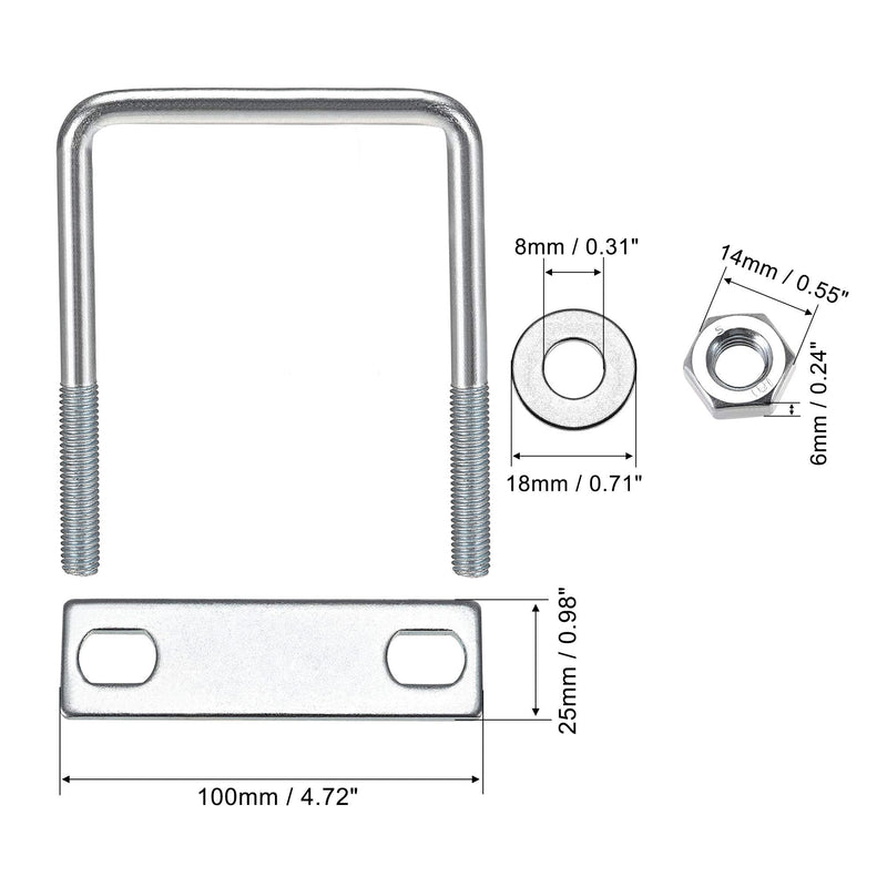 uxcell Square U-Bolts 2-3/4"(70mm) Inner Width Carbon Steel M8 with Nuts, Frame Plate, Round Washers 2 Set 70x120mm(W*L)