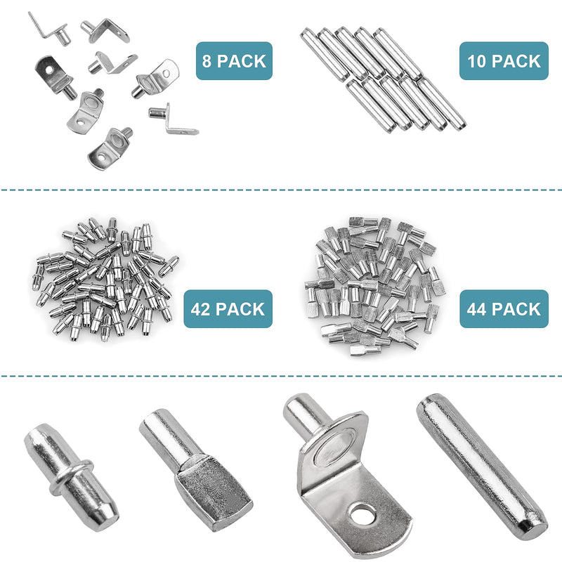 104 Pcs Shelf Pegs Kit, Upgraded Shelf Pins 4 Styles, 5mm & 1/4inch Nickel Shelf Support Pegs, Cabinet Shelf Pegs for Shelves, Shelf Support for Bookshelf Kitchen Cabinet Shelf Pegs.