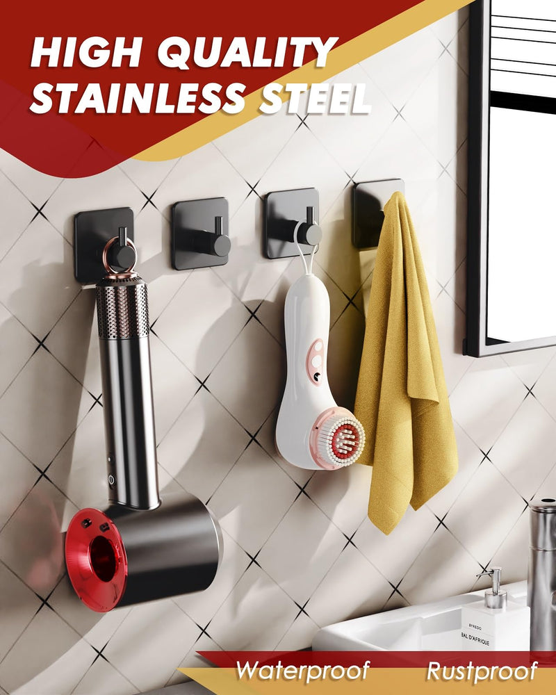 Adhesive Hooks Heavy Duty 22lb(Max) Wall Hooks, 5 Pack Self Adhesive Damage Free Utility Hooks Stainless Steel for Towel Coat Robe, Waterproof Oilproof Rustproof for Bathroom Shower Kitchen Office Black