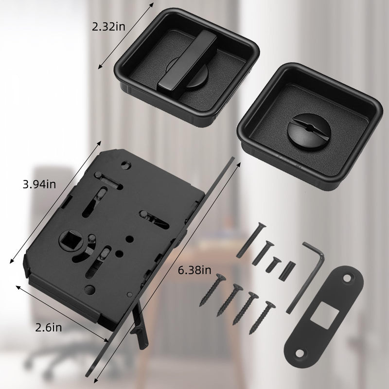 Pocket Door Lock Hardware Set - Privacy Handle with Hidden Pull & Recessed Latch, Fit for 1.77" to 2" The Thickof Wooden Doors (Black, Square) Black