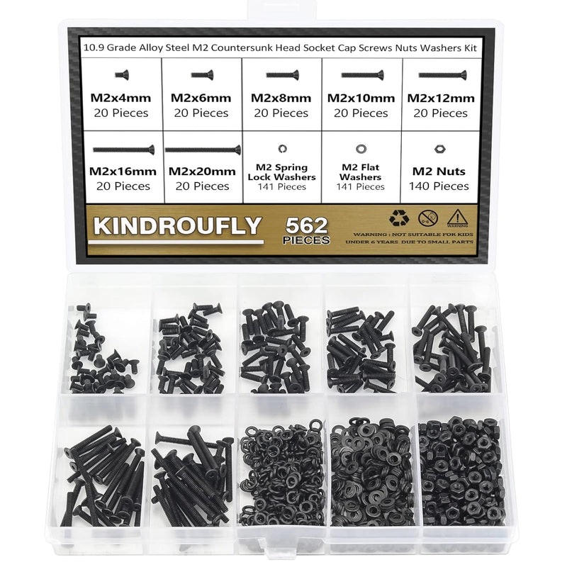 562 Pieces Black M2 x 4/6 /8/10 /12/16 /20mm Countersunk Head Socket Cap Screws Nuts Washers Assortment Kit, 10.9 Grade Alloy Steel