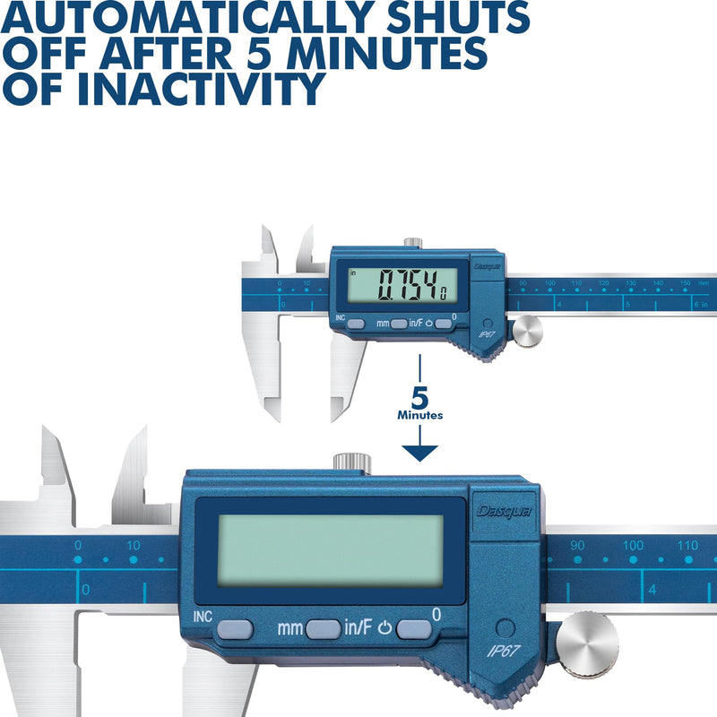 Dasqua 6”/150mm IP67 Absolute Origin Digital Caliper, Stainless Steel, Accuracy ±0.001”/0.02mm, Resolution 0.0005"/0.01mm/1/128, Water/Coolant/Dust Protection, in/mm/Fraction Conversion Blue Case Cover 6"/150mm