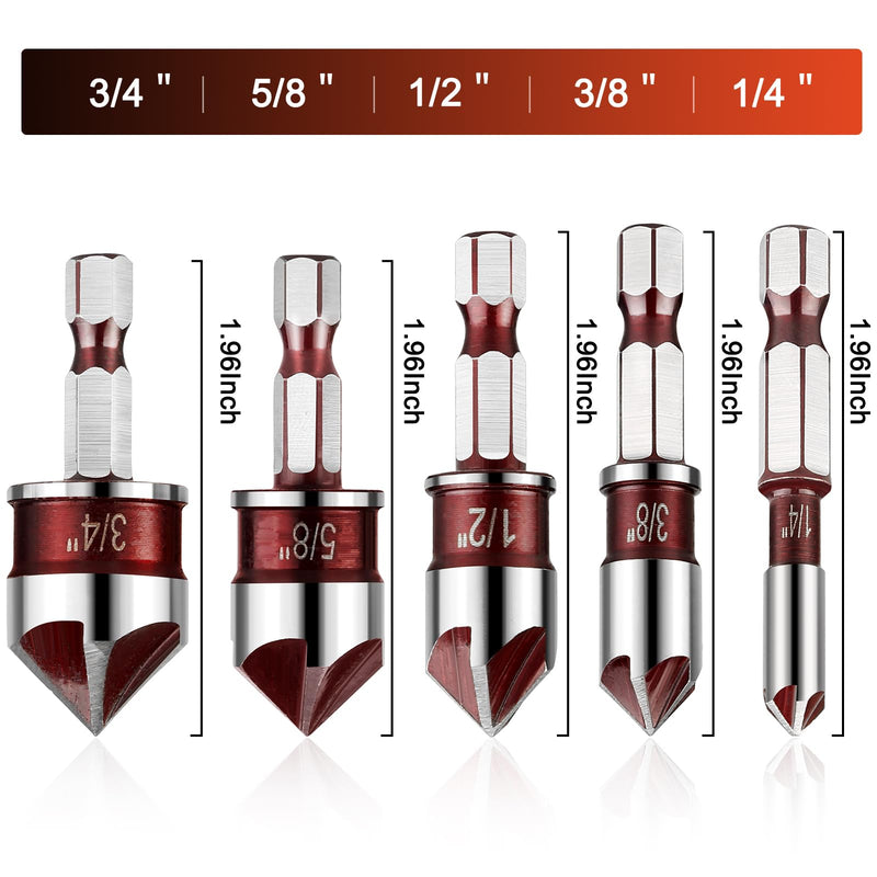 5Pcs Countersink Drill Bit Set, Premium Countersink Drill Bit with 82-Degree, 5 Flutes, Quick-Change Hex Shank, 1/4 Inch to 3/4 Inch Size, Countersink Drill Bits for Wood, Metal, Plastic
