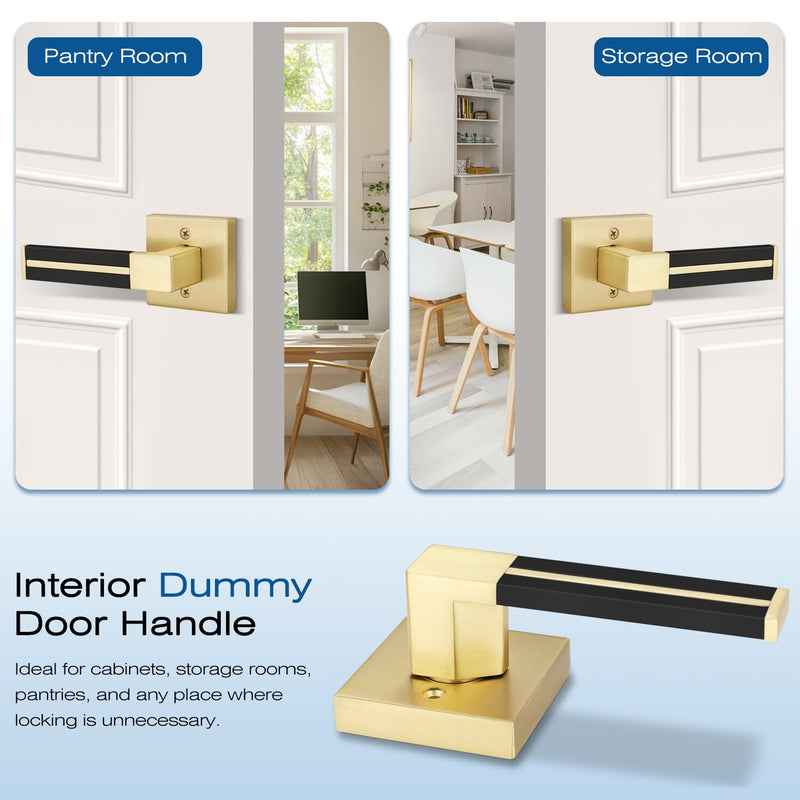 EHOMEWARE Gold Dummy Door Handles with Black Leather 3 Pack, Half Dummy No Lock Function Without Latch or Key, Pull or Push Function for Pantry or French Doors Dummy Door Handle - No Key No Latch