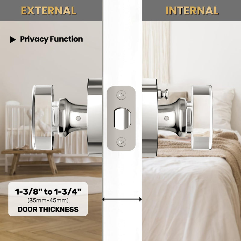 Crystal Door Knob Polished Chrome Interior Privacy Door Knobs Glass Interior Door Knob for Bedroom and Bathroom 1 Pack Privacy