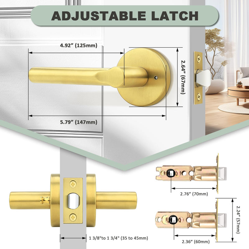 knobelite Gold Privacy Door Handles Interior Keyless Door Lever,Left & Right Hand use Door Lock for Bath and Bed,Modern Stainless Steel Privacy Door Lock,2Pack 2