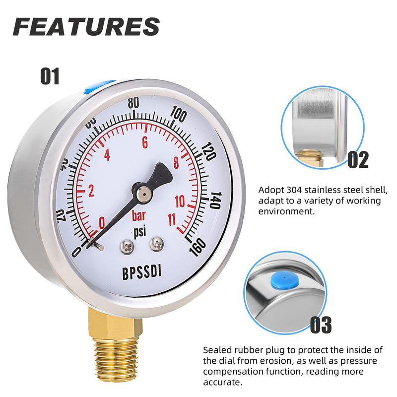 0-160 Psi Pressure Gauge, 2.5" Dial Size, 1/4" NPT Lower Mount, 304 Stainless Steel Case, Water Pressure Gauge Test for Water Pump, Pneumatic Air, RV Hose, Tank, Well Pump(with Tape) 0-160psi（includes tape）