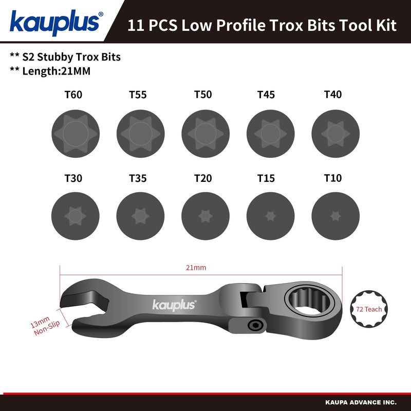11 PCS Stubby Torx Bit & Flex Ratcheting Wrench Set, 120-Tooth Ratchet with Non-Slip 13mm Open End, Low Profile S2 Star Bits T10–T60 for Automotive & Tight Spaces