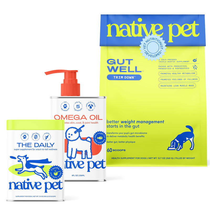 Native Pet Slim & Wellness Trio: 60 Scoops GutWell Trim Down Dog Weight Loss Supplement, 30 Scoops 11-in-1 Vitamins & Supplements & 8 Oz Omega 3 Fish Oil for Dogs & Cats