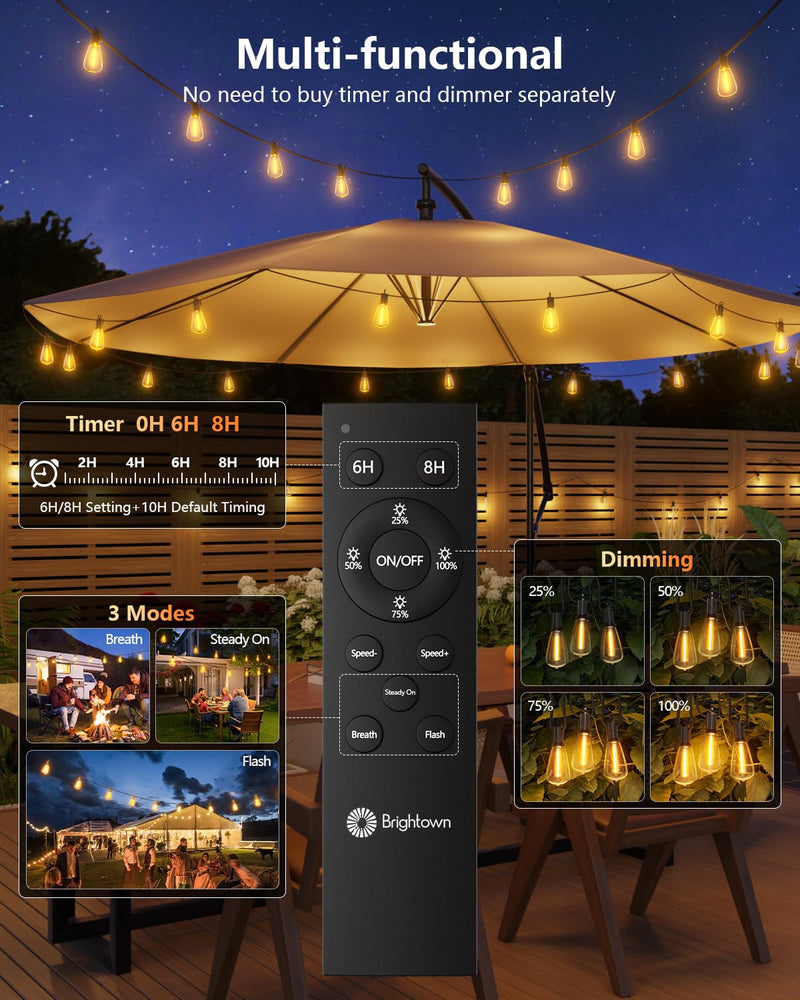 Brightown 100FT Solar String Lights Outdoor Waterproof with Remote, 31+1 LED Shatterproof Bulbs, Dimmable & Timable, 3 Light Modes - Commercial Grade Patio Lights for Garden Backyard Party Decor