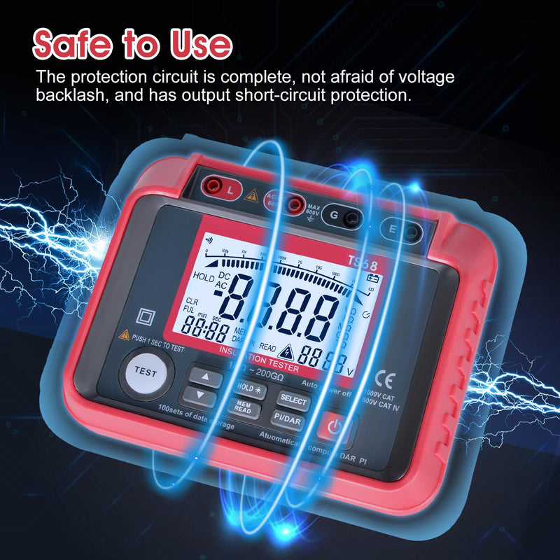 Megohmmeter, 250V-2500V Output Voltage Insulation Tester, 1MΩ-200GΩ Ohm Meter Multimeter, Grounding Tester with 100 Groups of Data Storage T0-TS68(New)